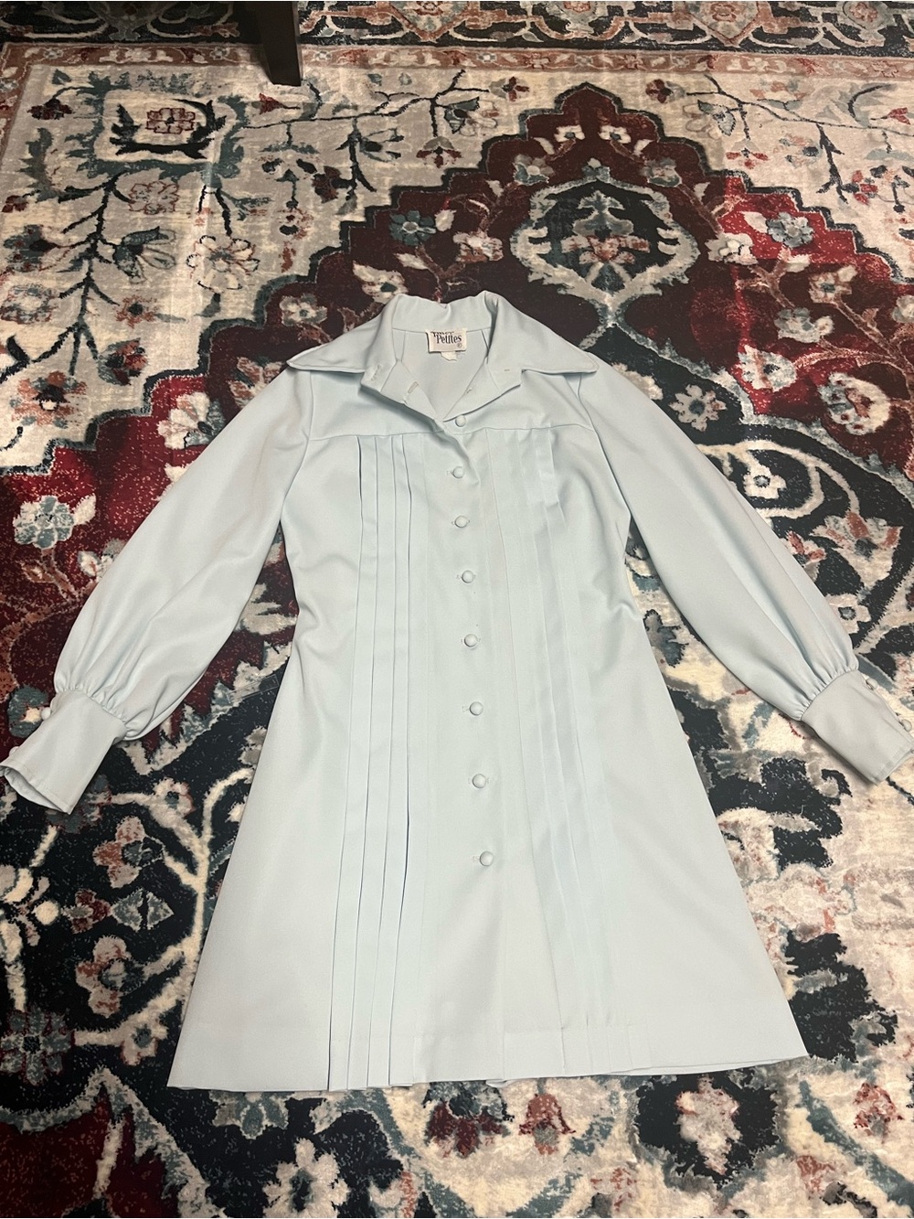 Authentic vintage  50s 60s mod Pale Blue Long-Sleeve Pleated Button-Front Dress
